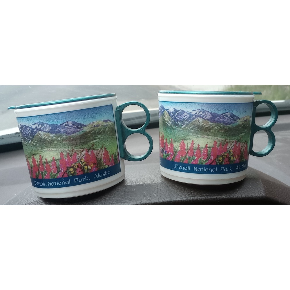 Vintage Denali National Park Alaska Travel Mugs Set 2 Whirley Plastic Souvenir